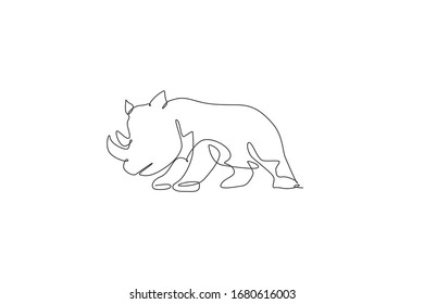 One continuous line drawing of big African rhinoceros. Wild animal national park conservation. Safari zoo concept. Dynamic single line draw design vector graphic illustration