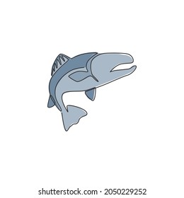 One continuous line drawing of big salmon for fishing logo identity. Fish mascot concept for fast food can icon. Single line draw design vector illustration graphic