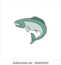 Un dibujo continuo de la identidad del logo del gran salmón para la pesca. El concepto de mascota de pescado para comida rápida puede ser un icono. ilustración vectorial de diseño de línea única