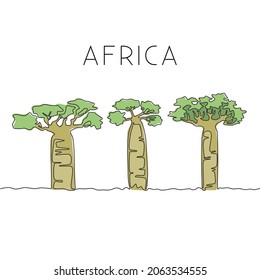 One continuous line drawing of big baobab tree. Decorative adansonia digitata plant for home wall decor art poster print. Travel vacation concept. Trendy single line draw design vector illustration
