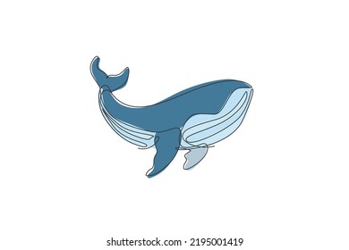 One continuous line drawing of big giant blue whale. Protected mammal animal species in ocean. Gigantic underwater creature concept. Dynamic single line draw design vector illustration graphic