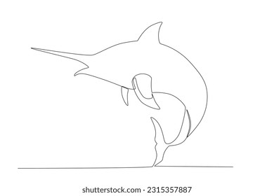 Un dibujo de línea continua de gran marlin salvaje para la identidad del logo de la compañía marina. Icono del concepto de mascota de peces para la competencia de pesca. ilustración vectorial de diseño de línea única