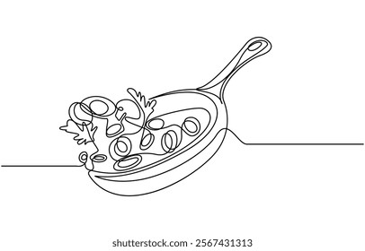 one continuous line drawing of big pan isolated on white background. cooking and kitchen concept, Continuous one line drawing of big pan