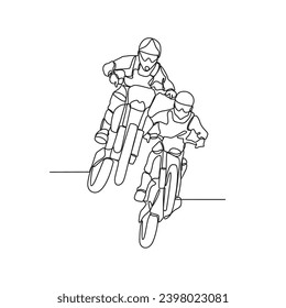 One continuous line drawing of Bikers are competing in the championship track arena vector illustration. Bikers activity design illustration simple linear style vector concept. Bikers illustration.