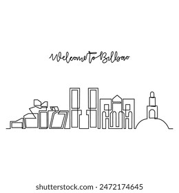 One continuous line drawing of Bilbao skyline vector illustration. Modern city in Europe in simple linear style vector design concept. One of big city in Spain. Iconic architectural building design.