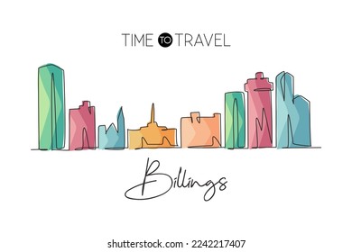 One continuous line drawing Billings city skyline, Montana. Beautiful landmark art. World landscape tourism travel home wall decor poster print. Stylish single line draw design vector illustration