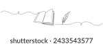 One continuous line drawing of bird feather with book. Writer and poetry symbol logo in simple linear style. Quill pen with diary in editable stroke. Doodle hand drawn vector illustration