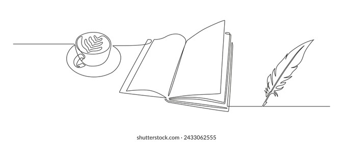 One continuous line drawing of bird feather with book and coffee. Writer and poetry symbol logo in simple linear style. Quill pen with diary in editable stroke. Doodle contour vector illustration