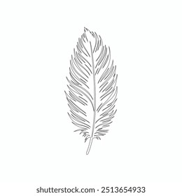 One continuous line drawing of bird feather. Writer and poetry symbol in simple linear style, Continuous hand drawn for bird feather on white background