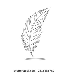 One continuous line drawing of bird feather. Writer and poetry symbol logo in simple linear style, feather, bird, quill, plume, pen, wing, fluff. Isolated image hand drawn