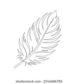 Um desenho de linha contínua de pena de pássaro. Logotipo do símbolo do escritor e da poesia no estilo linear simples, pena, pássaro, pena, pluma, caneta, asa, fluff. Imagem isolada desenhada à mão