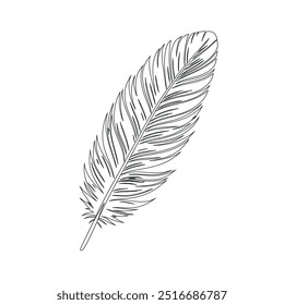 One continuous line drawing of bird feather. Writer and poetry symbol logo in simple linear style, feather, bird, quill, plume, pen, wing, fluff. Isolated image hand drawn