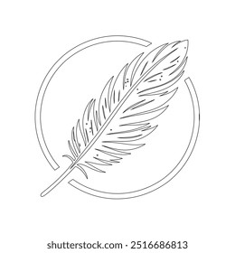 One continuous line drawing of bird feather. Writer and poetry symbol logo in simple linear style, feather, bird, quill, plume, pen, wing, fluff. Isolated image hand drawn