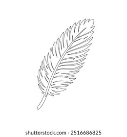 One continuous line drawing of bird feather. Writer and poetry symbol logo in simple linear style, feather, bird, quill, plume, pen, wing, fluff. Isolated image hand drawn