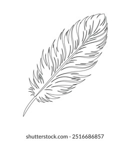 One continuous line drawing of bird feather. Writer and poetry symbol logo in simple linear style, feather, bird, quill, plume, pen, wing, fluff. Isolated image hand drawn