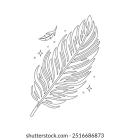 One continuous line drawing of bird feather. Writer and poetry symbol logo in simple linear style, feather, bird, quill, plume, pen, wing, fluff. Isolated image hand drawn