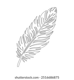 Um desenho de linha contínua de pena de pássaro. Logotipo do símbolo do escritor e da poesia no estilo linear simples, pena, pássaro, pena, pluma, caneta, asa, fluff. Imagem isolada desenhada à mão