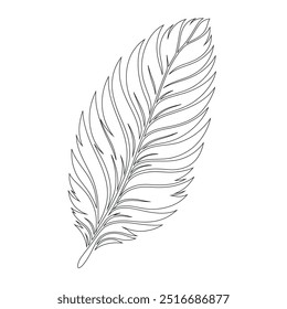 One continuous line drawing of bird feather. Writer and poetry symbol logo in simple linear style, feather, bird, quill, plume, pen, wing, fluff. Isolated image hand drawn