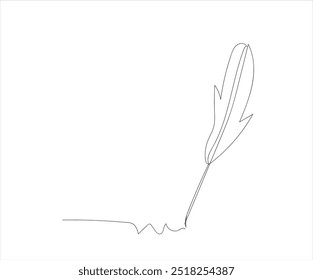 One continuous line drawing of bird feather. Writer and poetry symbol logo in simple linear style. Quill pen. Handmade vector not AI.