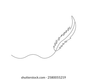 One continuous line drawing of Bird feather. Bird feather symbol of writer in simple linear style. Editable outline illustration