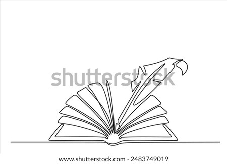 One continuous line drawing of bird feather with book. Writer and poetry symbol logo in simple linear style. Quill pen with diary . Doodle hand drawn vector illustration
