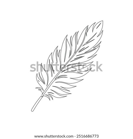 One continuous line drawing of bird feather. Writer and poetry symbol logo in simple linear style, feather, bird, quill, plume, pen, wing, fluff. Isolated image hand drawn