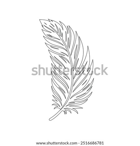 One continuous line drawing of bird feather. Writer and poetry symbol logo in simple linear style, feather, bird, quill, plume, pen, wing, fluff. Isolated image hand drawn