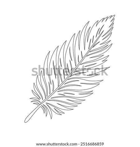 One continuous line drawing of bird feather. Writer and poetry symbol logo in simple linear style, feather, bird, quill, plume, pen, wing, fluff. Isolated image hand drawn