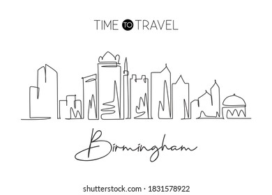 One continuous line drawing of Birmingham city skyline, Alabama. Beautiful landmark art. World landscape tourism travel wall decor poster, postcard. Stylish single line draw design vector illustration