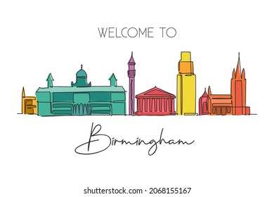 One continuous line drawing of Birmingham city skyline. Beautiful city skyscraper. World landscape tourism travel vacation home decor wall poster concept. Single line draw design vector illustration