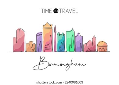 One continuous line drawing of Birmingham city skyline, Alabama. Beautiful landmark art. World landscape tourism travel wall decor poster, postcard. Stylish single line draw design vector illustration