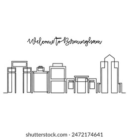 One continuous line drawing of Birmingham skyline vector illustration. Modern city in Europe in simple linear style vector design concept. One big city in England. Iconic architectural building design