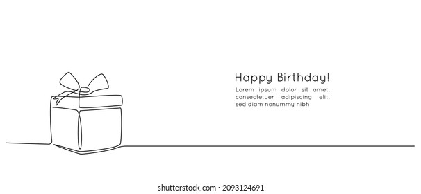 One Continuous line drawing of Birthday Gift box with ribbon and bow. Festive present and wrapped surprise package in simple linear style. Doodle vector illustration