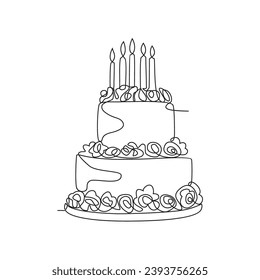 Un dibujo de línea continua de la ilustración vectorial del pastel de cumpleaños. ilustración de símbolo de fiesta de cumpleaños concepto de vector de estilo lineal simple.  diseño de pasteles de cumpleaños y adecuado para su diseño de activos.