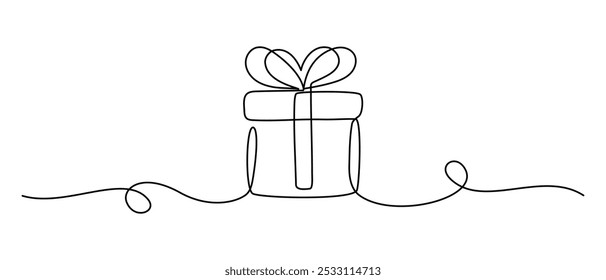 One Continuous line drawing of Birthday Gift box with ribbon and bow. Festive present and wrapped surprise package in simple linear style. Editable stroke. Doodle oneline vector illustration