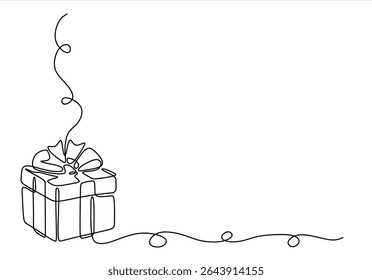 One Continuous line drawing of Birthday Gift box with ribbon and bow. Festive present and wrapped surprise package in simple linear style. Hand drawn one line vector. Editable stroke