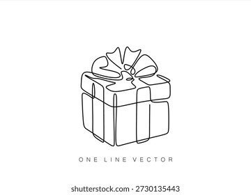 Um desenho de linha contínua de caixa de presente de aniversário com fita e arco. Pacote surpresa festivo presente e embrulhado em estilo linear simples. Mão desenhada de um vetor de linha. Traço editável	