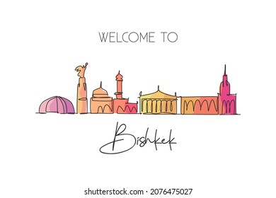 One continuous line drawing of Bishkek city skyline, Kyrgyzstan. Beautiful landmark. World landscape tourism and travel vacation. Editable stylish stroke single line draw design vector illustration