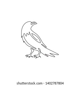 One continuous line drawing of black raven for ghost house logo identity. Crow bird mascot concept for cemetery icon. Modern single line draw vector graphic design illustration