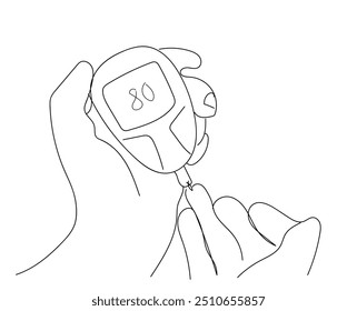 Un dibujo de línea continua del concepto de control de azúcar en la sangre. Diabetes con glucómetro. Concepto de comprobación de estado de diseño de Ilustración vectorial.