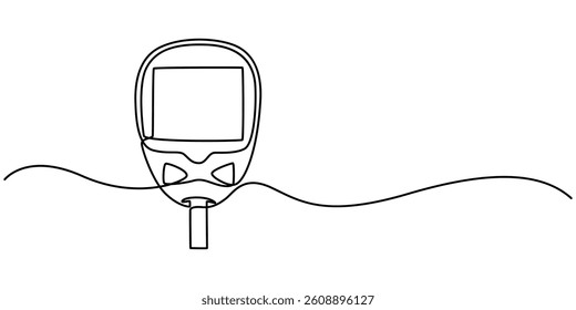 One continuous line drawing of Blood glucose meter test illustration. glucometer pharmacy equipment outline, Continuous single line drawing of a glucometer for monitoring blood sugar. Minimal editable