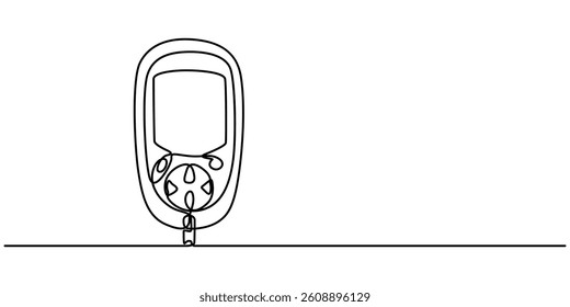 One continuous line drawing of Blood glucose meter test illustration. glucometer pharmacy equipment outline, Continuous single line drawing of a glucometer for monitoring blood sugar. Minimal editable
