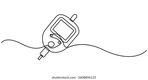 One continuous line drawing of Blood glucose meter test illustration. glucometer pharmacy equipment outline, Continuous single line drawing of a glucometer for monitoring blood sugar. Minimal editable