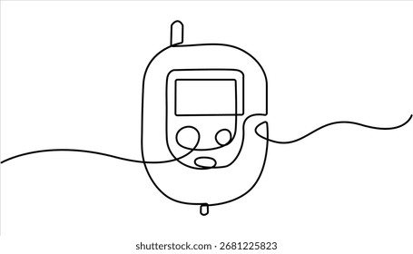 Un dibujo de línea continua de la ilustración de la prueba del metro de la glucosa en sangre. Dibujo continuo de una sola línea del glucómetro para monitorear el azúcar en sangre. Glucómetro de una línea de dibujo. Diabetes continua única