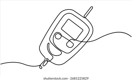 Um desenho de linha contínua da ilustração do exame de glicose no sangue. Extração contínua em linha única do glicosímetro para monitorizar o açúcar no sangue. Um desenho de uma linha do glicosímetro. Diabetes simples contínua
