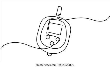 Un dibujo de línea continua de la ilustración de la prueba del metro de la glucosa en sangre. Dibujo continuo de una sola línea del glucómetro para monitorear el azúcar en sangre. Glucómetro de una línea de dibujo. Diabetes continua única