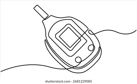 One continuous line drawing of Blood glucose meter test illustration. Continuous single line drawing of glucometer for monitoring blood sugar. Glucometer one line drawing. Single continuous diabetes
