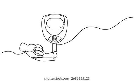 Um desenho de linha contínua da ilustração do exame de glicose no sangue. Verificação única contínua da diabetes, Extração contínua em linha única de um glicosímetro para monitorizar o açúcar no sangue. Mínimo editável