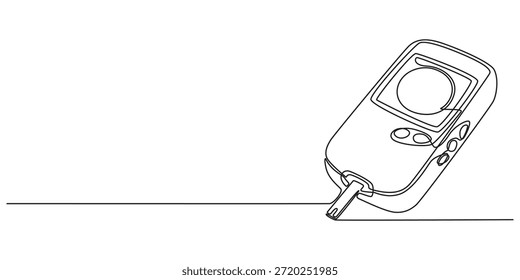 Um desenho de linha contínua de ilustração de teste de medidor de glicose no sangue. esquema de equipamento farmacêutico de glicosímetro, desenho de linha única contínua de um glicosímetro para monitorar o açúcar no sangue. Mínimo editável