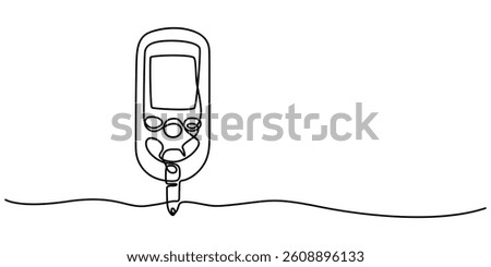 One continuous line drawing of Blood glucose meter test illustration. glucometer pharmacy equipment outline, Continuous single line drawing of a glucometer for monitoring blood sugar. Minimal editable